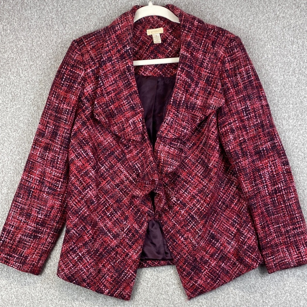 Chico’s pink tweed blazer size 1/Med ruffle lapels office career colorful art